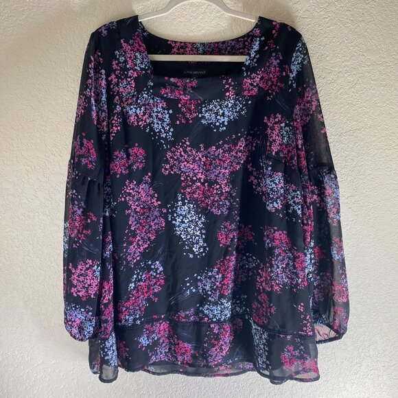 Lane Bryant Top Womens Size 16 Floral Sheer Chiffon Blouse Long Sleeves Popover - Picture 1 of 10